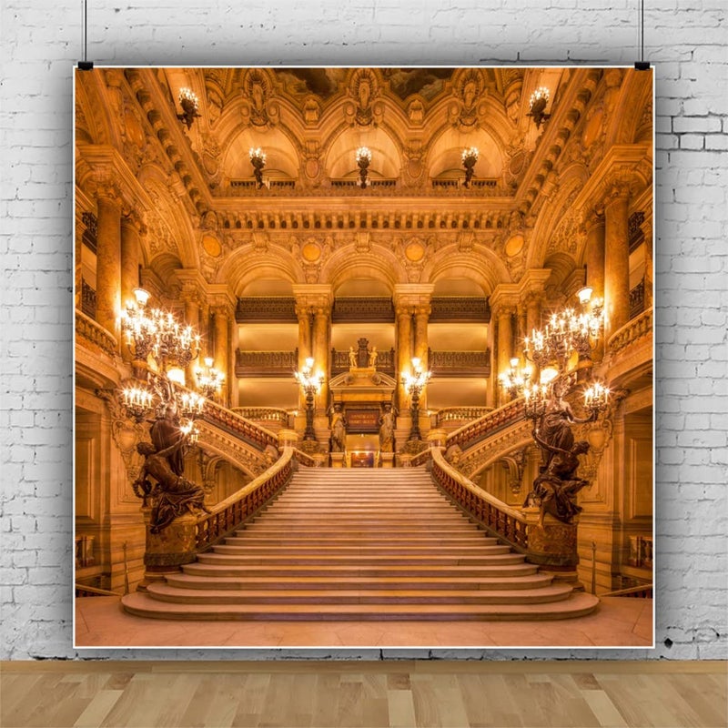 Renaiss 8x8ft Gold Luxurious Palace Backdrop for Photography European Old Church Golden Castle Royal Interior Chandelier Staircase Background Wedding Anniversary Party Banner Photo Booth Props - Image 5